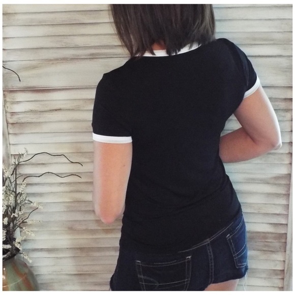 Contrast Trim Crew Neck  Top Black Ivory 2419 - Picture 6 of 6